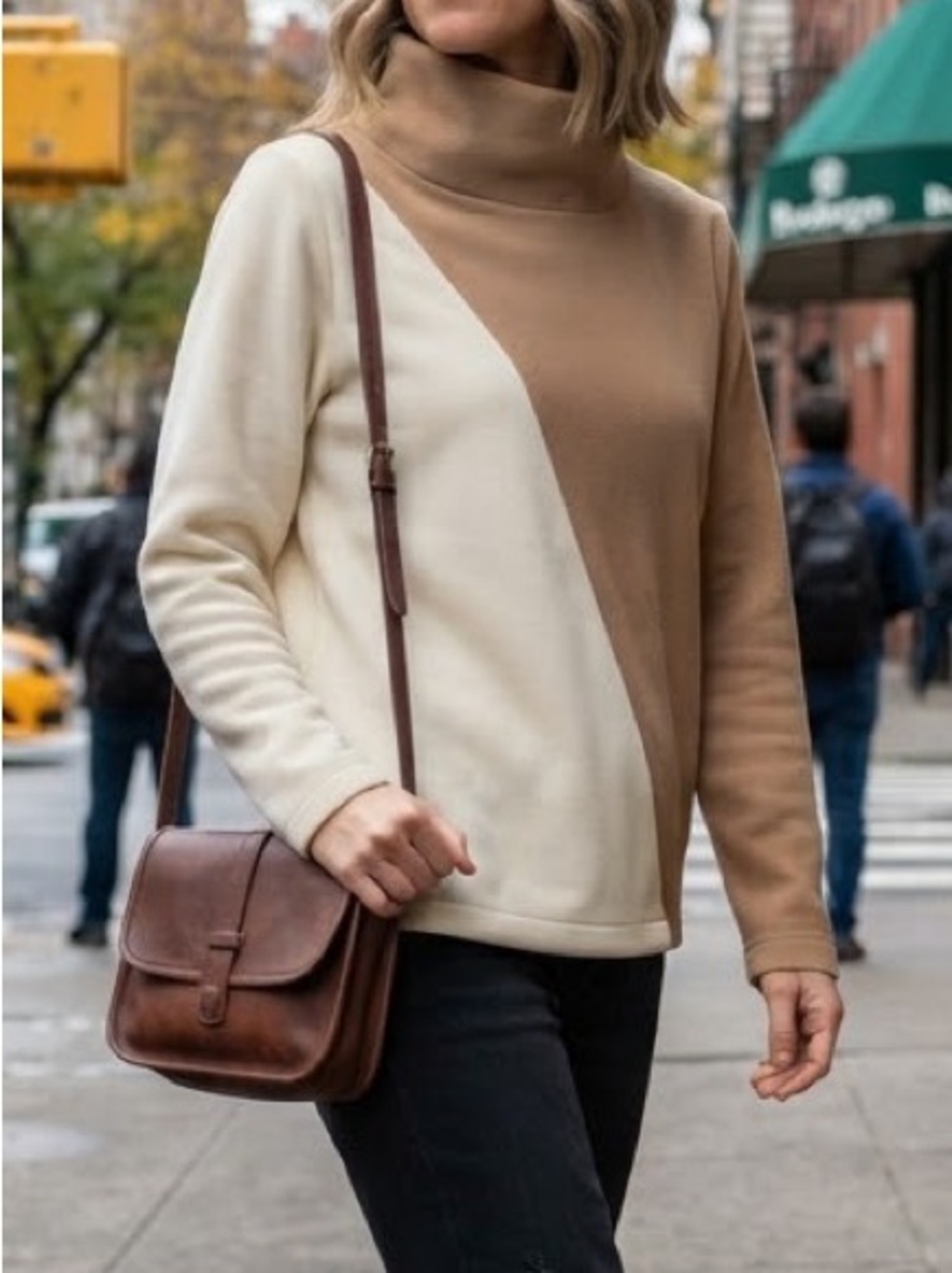 Dudley Stephens Colorblock Turtleneck Fleece Pullover Camel Ivory M Preppy